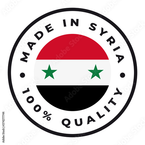 Vector circle symbol. Text Made in Syria with flag. Isolated on white background.