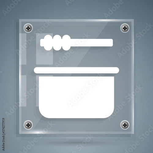White Sauna bucket and ladle icon isolated on grey background. Square glass panels. Vector Illustration.