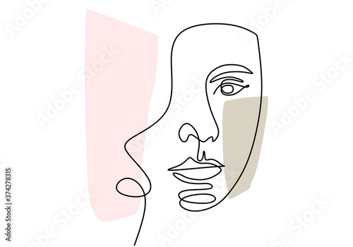 One line continuous smiling young woman model with curly hair. Female beauty figure logo isolated on white background. Love your self concept minimalist Style. Vector design illustration