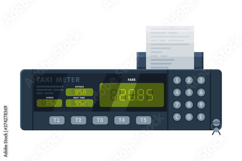 Taximeter Device, Calculating Equipment for Passenger Fare in Taxi Car, Electronic Measurement Appliance with Buttons and Price on Screen Vector Illustration