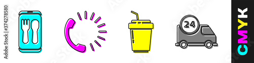 Set Online ordering and delivery, Food ordering, Coffee cup to go and Fast delivery by car icon. Vector.