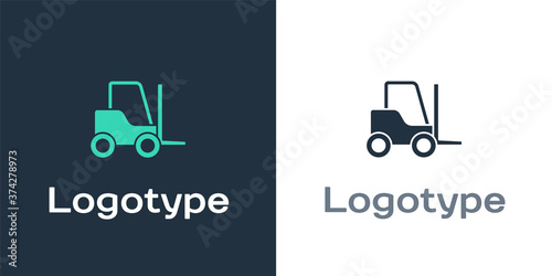 Logotype Forklift truck icon isolated on white background. Fork loader and cardboard box. Cargo delivery, shipping, transportation. Logo design template element. Vector Illustration.