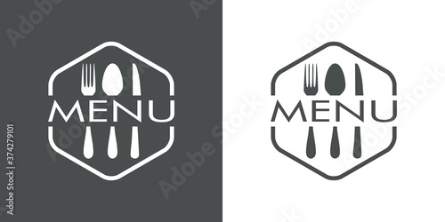 Logotipo lineal palabra Menu con cubiertos en hexágono en fondo gris y fondo blanco