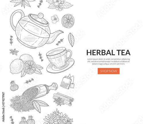 Herbal Tea Landing Pages Template  Healthy Organic Product Banner  Tea of Premium Quality Shopping Online Vector Illustration