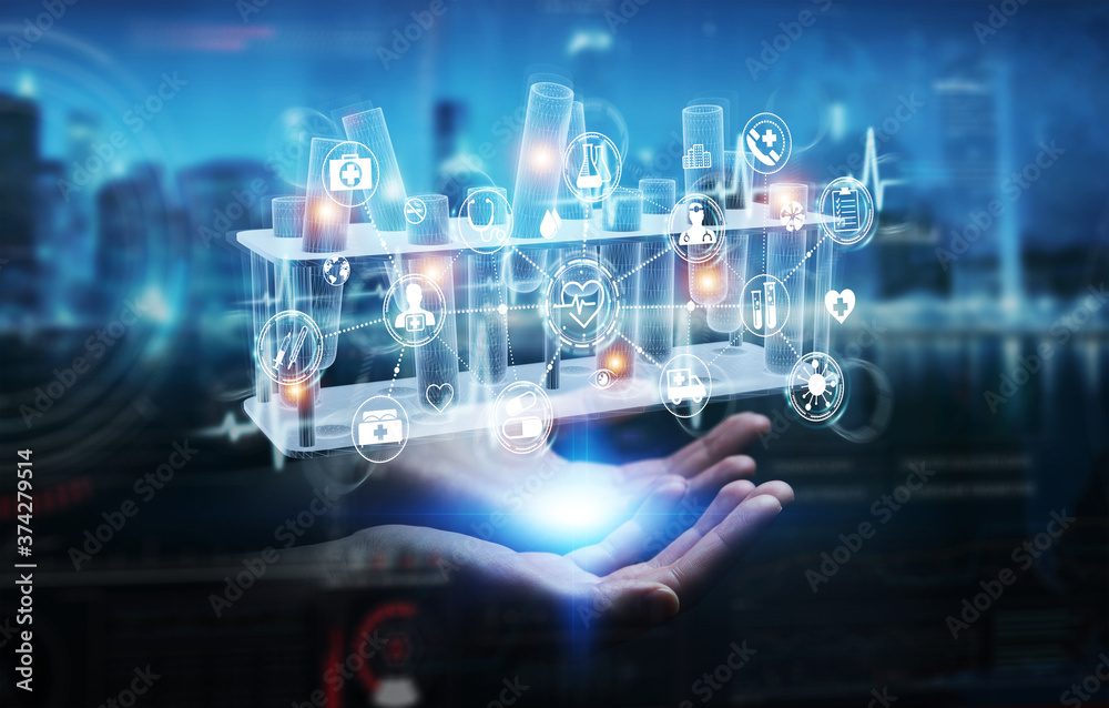 Man hand holding and touching holographic tubes samples projection 3D rendering Man hand holding and touching holographic tubes samples projection 3D rendering