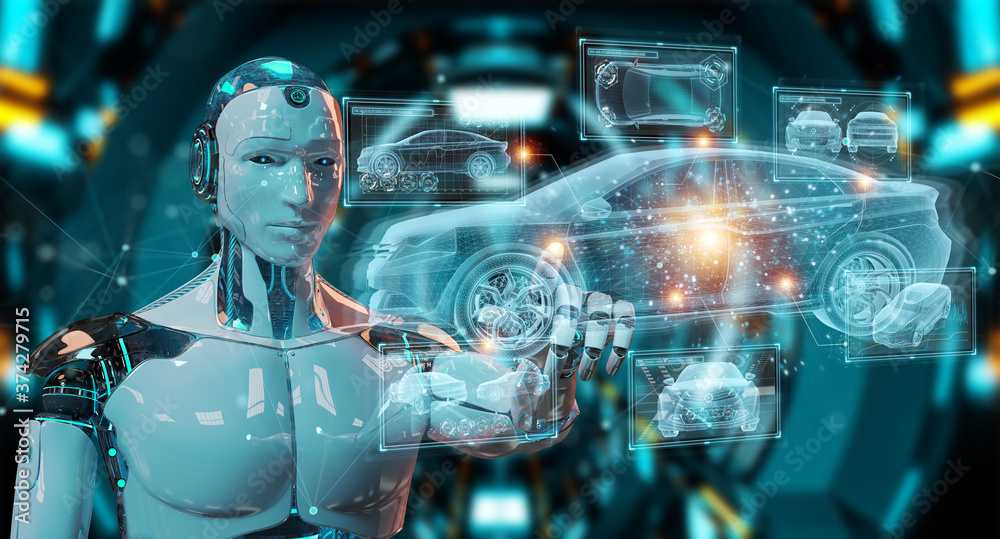 custom made wallpaper toronto digitalRobot holding and touching holographic smart car interface projection 3D rendering