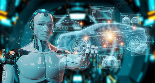 Wallpaper Mural Robot holding and touching holographic smart car interface projection 3D rendering Torontodigital.ca