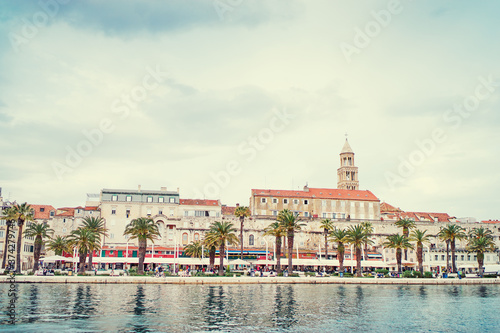 Travel by Croatia. Beautiful landscape with Split Old Town and sea promenade.