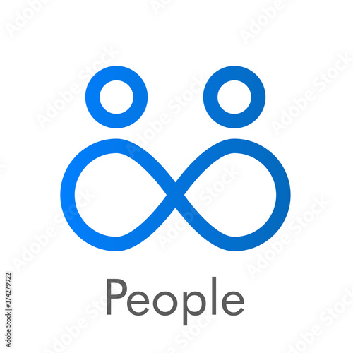 Concepto trabajo en equipo. Logotipo abstracto pareja de personas como nudo tipo infinito lineal en color azul y palabra people