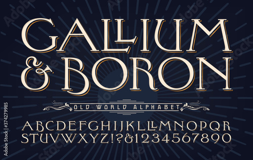 Gallium & Boron elemental typography alphabet. Elegant wide old-style capital font with subtle flourishes and details.