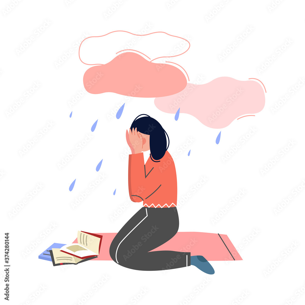 Depressed Teen Girl Sitting under Rain Cloud, Girl Having Learning Problems Vector Illustration