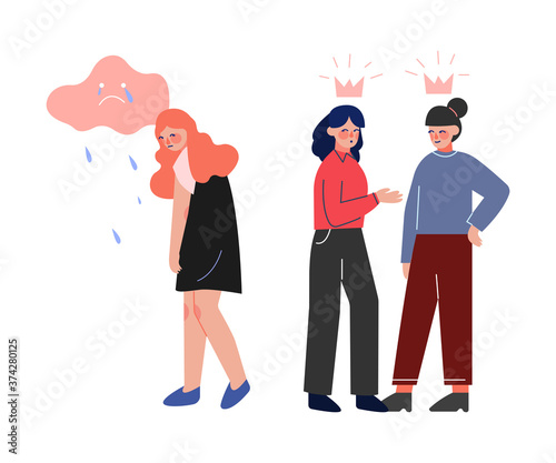 School Girls Bullying Their Depressed Classmate, Teenage Communication Problems Concept Vector Illustration