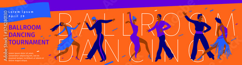 Ballroom dancing. Vector illustration of professional dancers. Template of banner, invitation. International Latin: Cha cha, Samba, Rumba, Jive. American Rhythm: Salsa, Mambo. Dance tournanent.