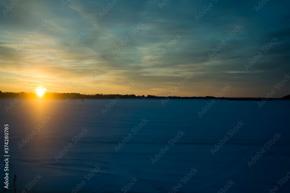 Finland  : Sunset On The Snow In The Suburbs Of Finland