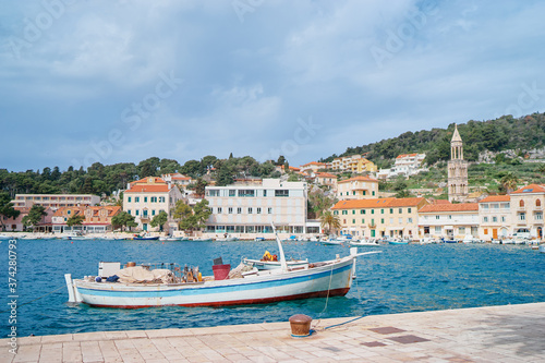Hvar Old Town Promenade. Sea coast in Dalmatia Croatia. A famous tourist destination on the Adriatic sea.