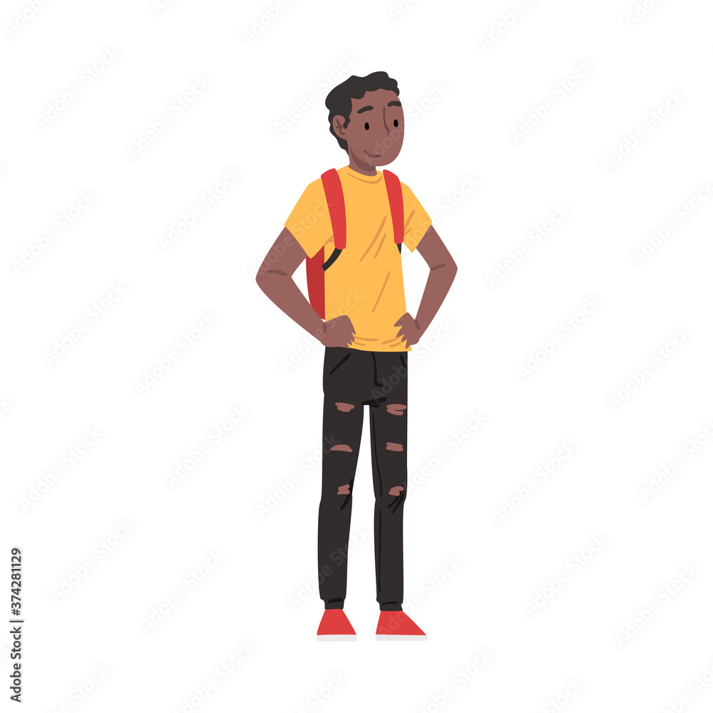 Smiling African American Teenage Boy Standing with Backpack, Happy Schoolboy, Student, Classmate or Friend Positive Character Cartoon Style Vector Illustration
