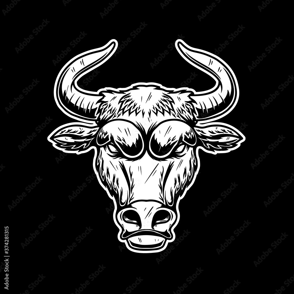 Illustration of head of bull in vintage monochrome style. Design element for logo, emblem, sign, poster, card, banner. Vector illustration