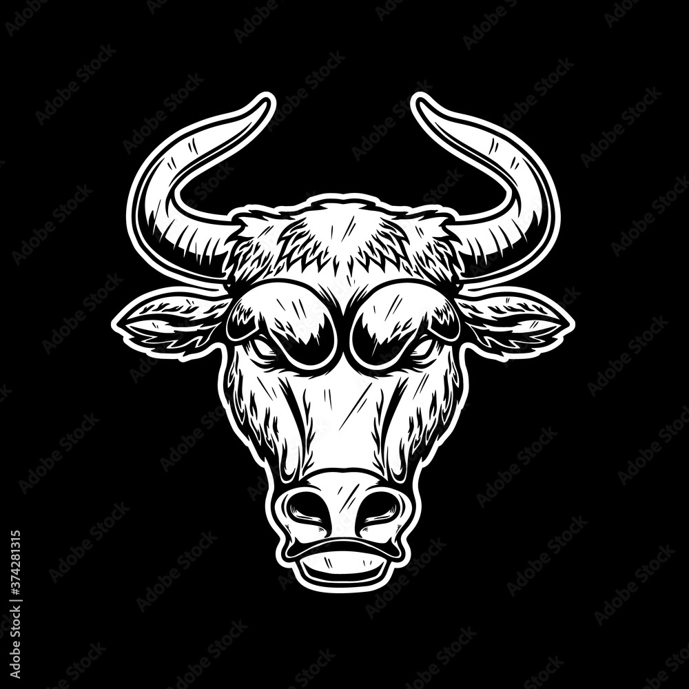 Naklejka premium Illustration of head of bull in vintage monochrome style. Design element for logo, emblem, sign, poster, card, banner. Vector illustration