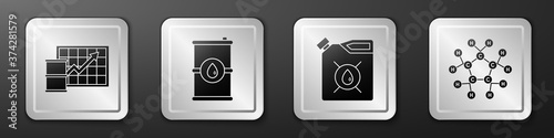 Set Oil price increase, Barrel oil, Canister for motor machine oil and Molecule oil icon. Silver square button. Vector.