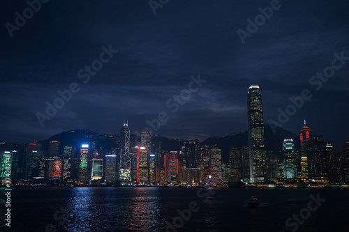 Central business district Hong Kong with a sunset dawn sky above the harbour at night time. The 11th of December 2017.