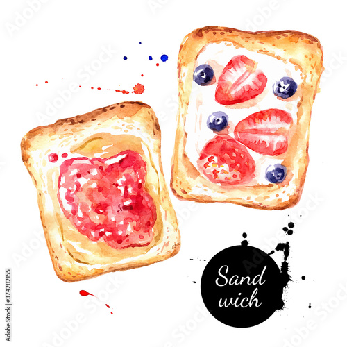 Watercolor hand drawn breakfast illustration of sandwiches with jam and berries. Vector painted sketch food isolated on white background