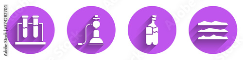 Set Test tube and flask, Hookah, Bong for smoking marijuana and Cocaine or heroin drug icon with long shadow. Vector.