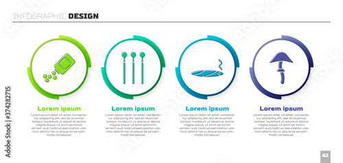 Set Medicine bottle and pills, Matches, Cigar with smoke and Psilocybin mushroom. Business infographic template. Vector.