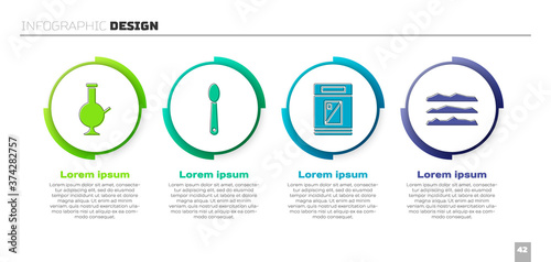 Set Glass bong for smoking marijuana, Heroin in a spoon, Cigarettes pack box and Cocaine or heroin drug. Business infographic template. Vector.