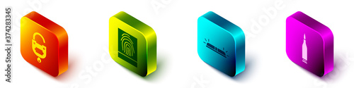 Set Isometric Lock and key, Fingerprint, Flasher siren and Bullet icon. Vector.