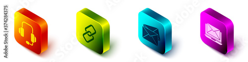 Set Isometric Headphones, Chain link, Envelope and Laptop with envelope icon. Vector.