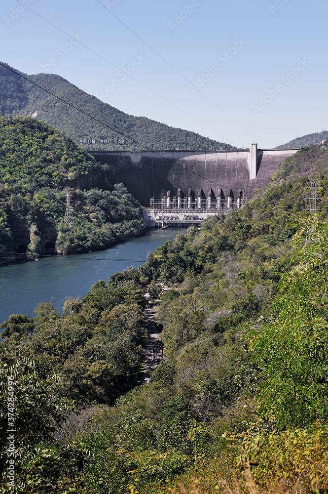 The electric energy from water. The Bhumibol Dam(formerly known as the Yanhi Dam) in Thailand. The dam is situated on the Ping River.