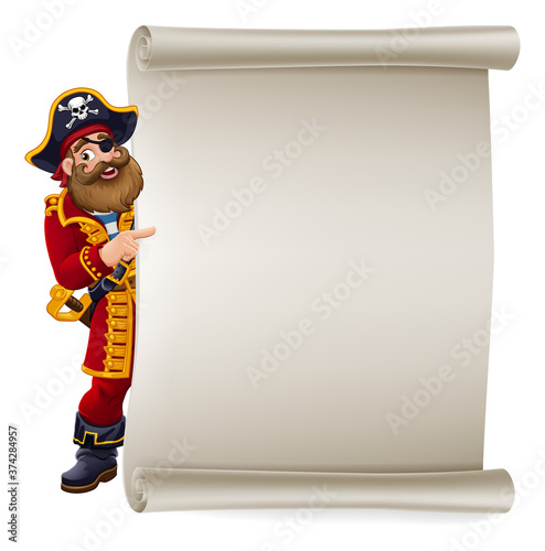 Friendly pirate captain cartoon character peeking around a scroll sign background and pointing at it