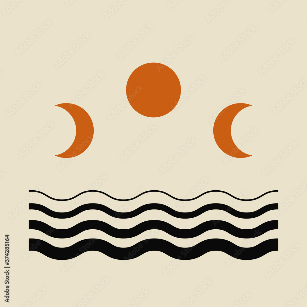 Modern abstract aesthetic background with moon phases and geometric waves. Wall decor in boho style. Mid century minimalist art print. Vector design Modern abstract aesthetic background with moon phases and geometric waves. Wall decor in boho style. Mid century minimalist art print. Vector design