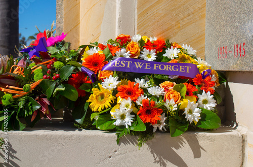 Beautiful colorful fresh floral  wreaths  for Anzac Day memorial celebrations  25th April in Bunbury ,Western Australia to honor and remember those who gave their lives in battles 