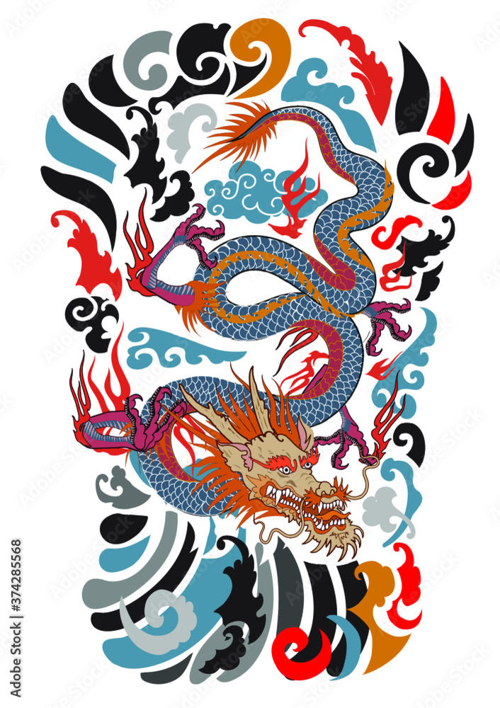 Fototapeta Dragon tattoo, Beautiful color Japanese on water splash background