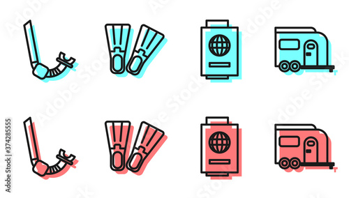 Set line Passport with ticket, Snorkel, Rubber flippers and Rv Camping trailer icon. Vector.