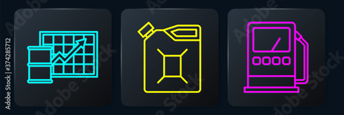 Set line Oil price increase, Petrol or gas station and Canister for gasoline. Black square button. Vector.