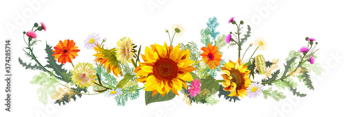 Horizontal autumn’s border: sunflowers, yellow asters, thistles, gerbera, daisy flowers, small green twigs on white background. Digital draw, illustration in watercolor style, panoramic view, vector