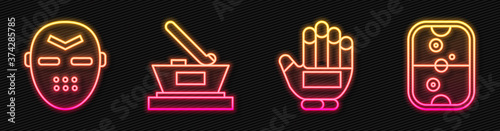 Set line Hockey glove, Hockey mask, Ice hockey cup champion and Air hockey table. Glowing neon icon. Vector.