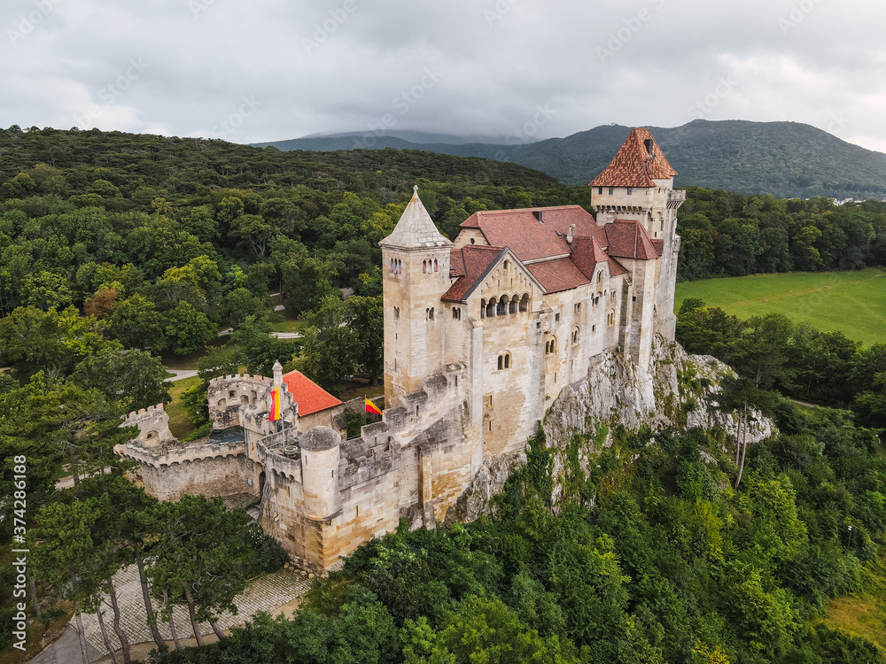 Medieval castle on a mountain seen from above