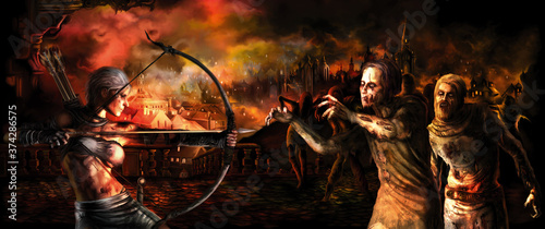 Fantasy zombie apocalypse banner/ Survival archer girl attacks a zombie crowd. Destroyed burning medieval city in the background. Digital painting