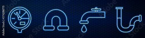 Set line Water tap, Water meter, Industry metallic pipe and Industry metallic pipe. Glowing neon icon on brick wall. Vector.