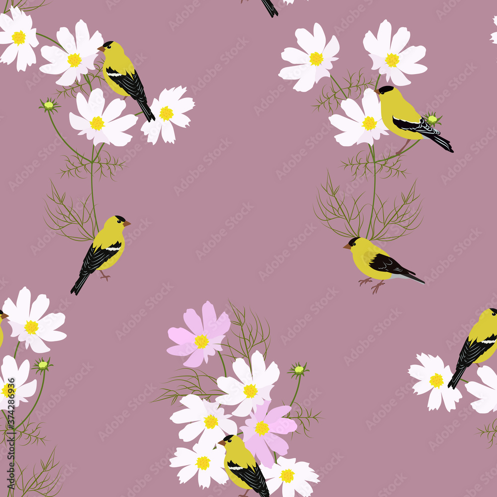 Seamless vector illustration with beautiful wildflowers and birds.