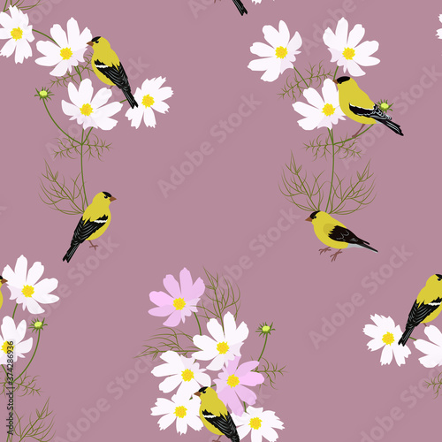 Seamless vector illustration with beautiful wildflowers and birds. © Nadezhda