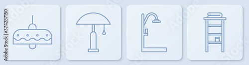 Set line Chandelier, Shower, Table lamp and Bathroom rack with shelves for towels. White square button. Vector.