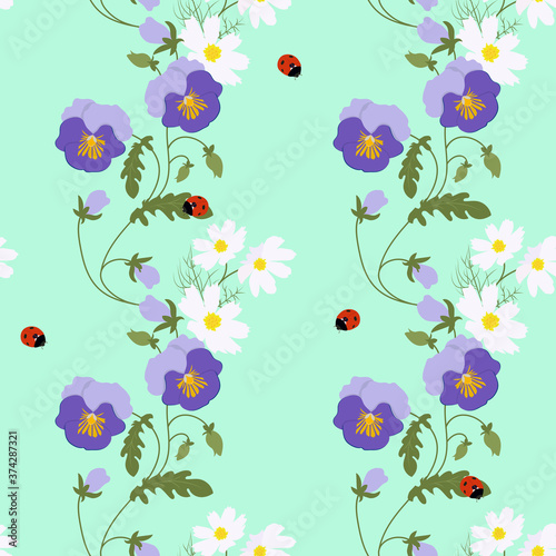 Seamless vector illustration with pansies and ladybird.
