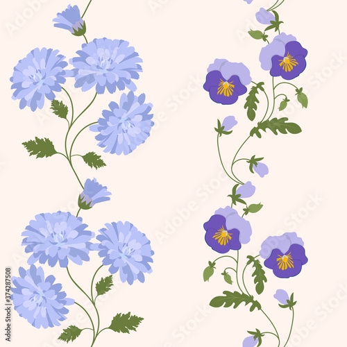 Seamless vector illustration with pansies and chrysanthemum.