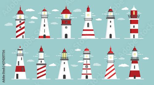 Lighthouse set. Flat design, vector illustration.