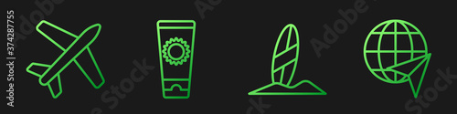 Set line Surfboard, Plane, Sunscreen cream in tube and Globe with flying plane. Gradient color icons. Vector.