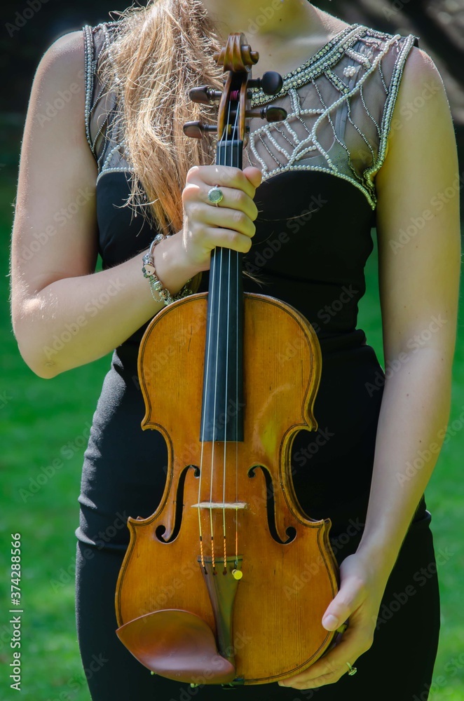 The girl is holding a violin. Brown violin in hands background.